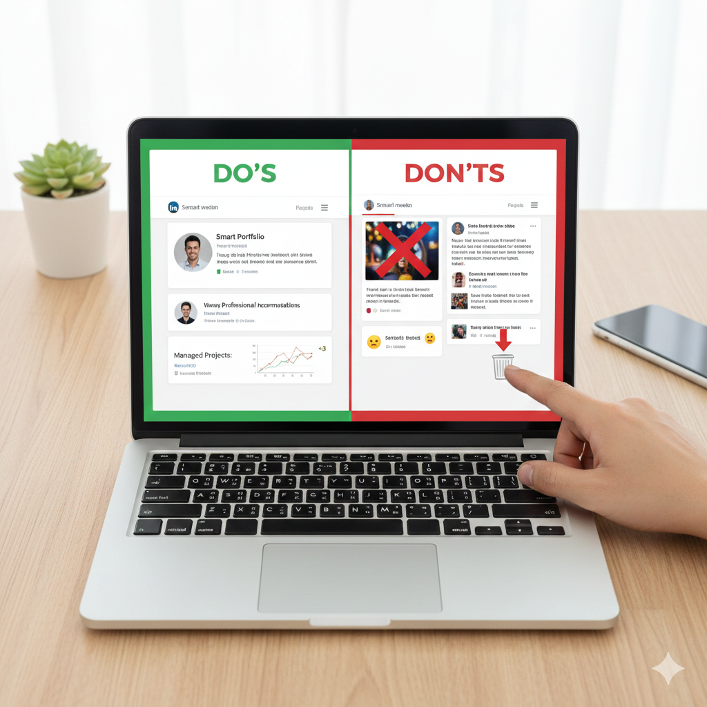 A laptop screen split into two halves, clearly labeled "DO'S" (green side) and "DON'TS" (red side). The DO'S side shows a clean, professional online profile and smart portfolio data, while the DON'TS side displays flagged unprofessional social media posts, a party photo with a red 'X', and a trash can icon, illustrating effective digital discretion.