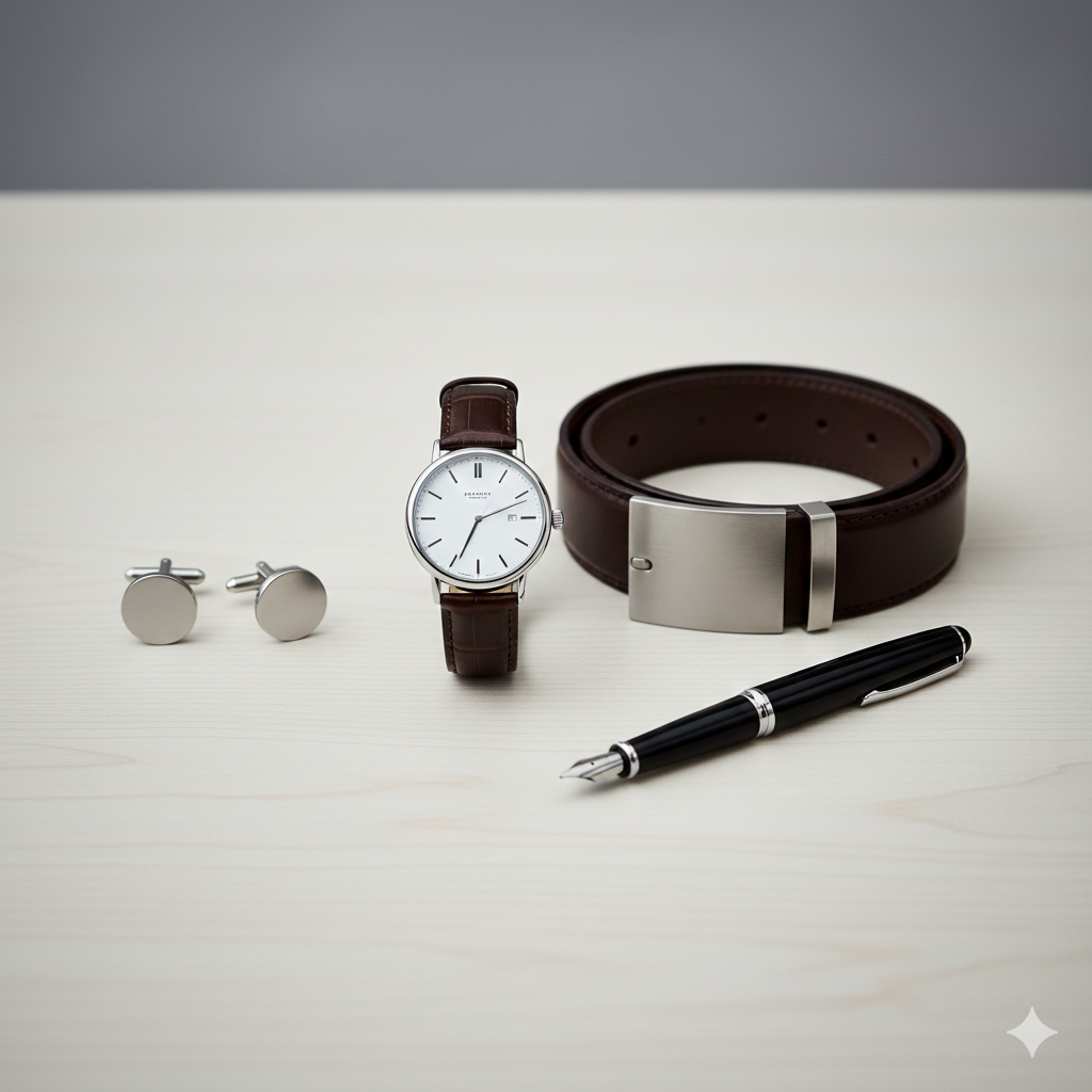 A flat lay of sophisticated, high-quality men's accessories including a classic watch, a leather belt, and cufflinks, emphasizing understated professionalism
