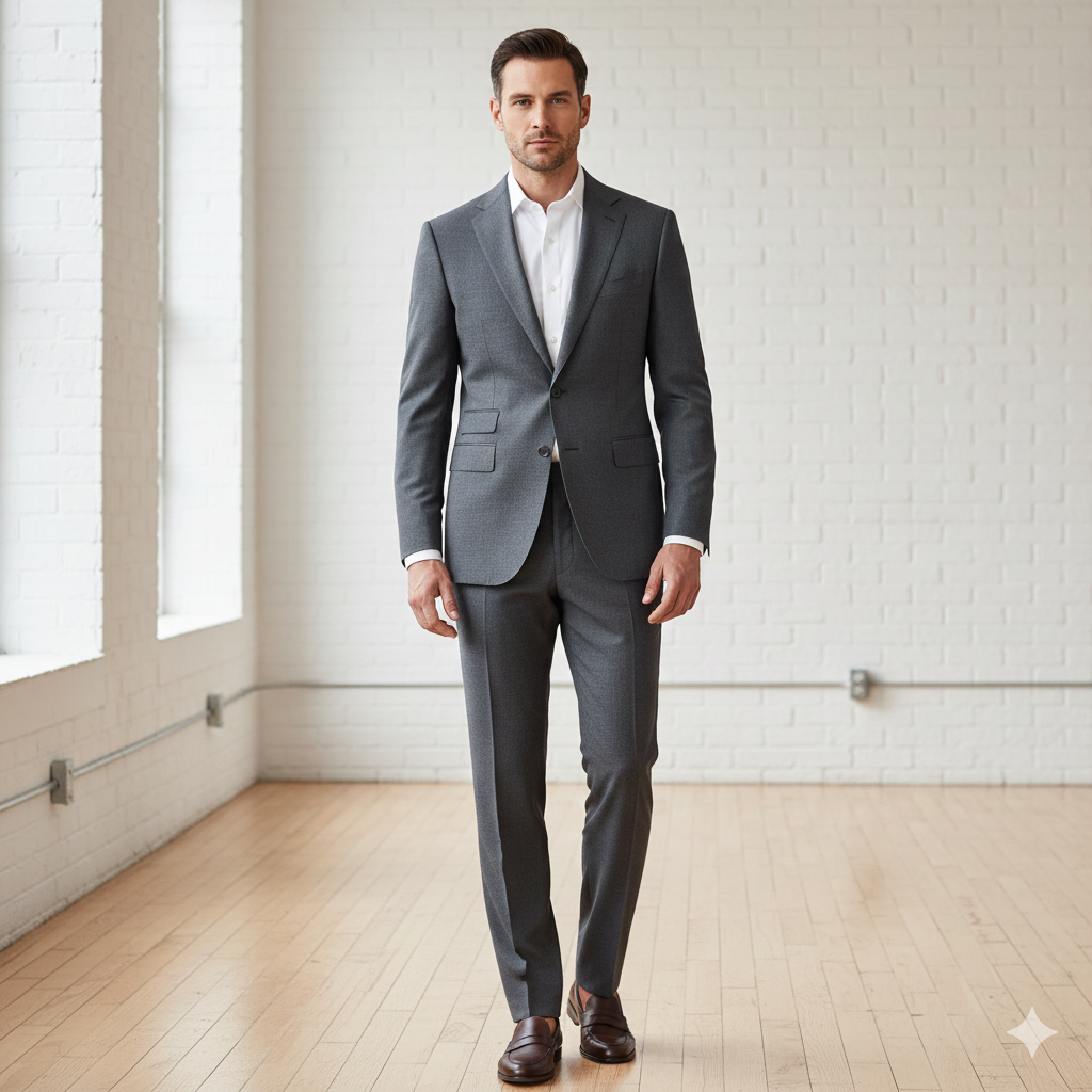 Full-length photograph of a man wearing an impeccably tailored charcoal gray suit and white shirt, emphasizing the garment's clean lines and fit over branding