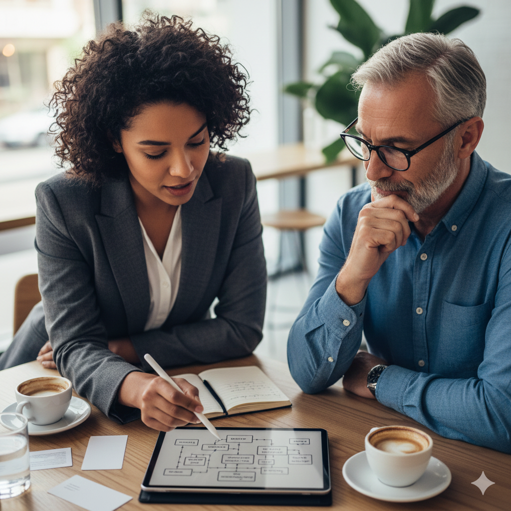 Two diverse professionals, an older mentor and a younger mentee, engaged in a focused discussion. The younger person is actively contributing ideas on a notebook/tablet, symbolizing a mutual value exchange in networking.