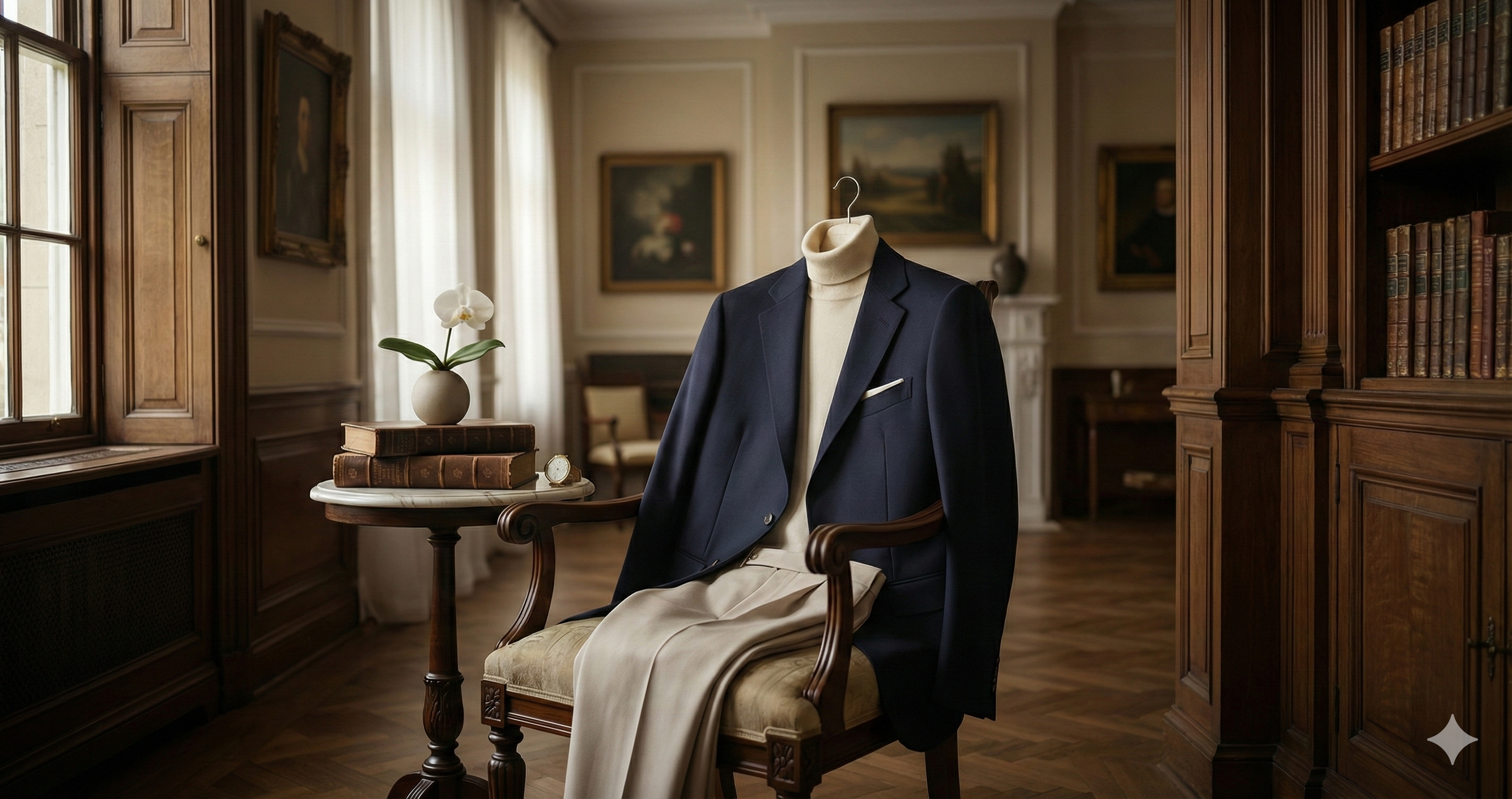 A navy suit jacket, cream turtleneck, and slacks draped over an antique chair in a luxurious, classic wood-paneled library with natural light.