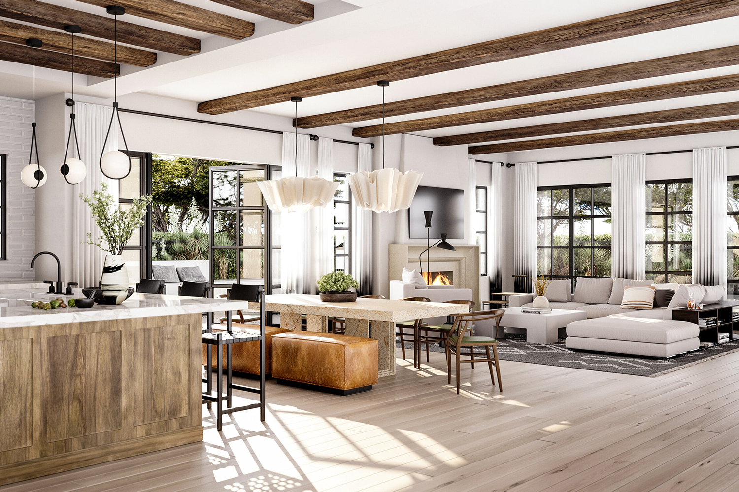 Minimalist open-plan living room and kitchen featuring wooden beams, natural stone fireplace, and neutral linen seating, reflecting a quiet luxury home aesthetic.