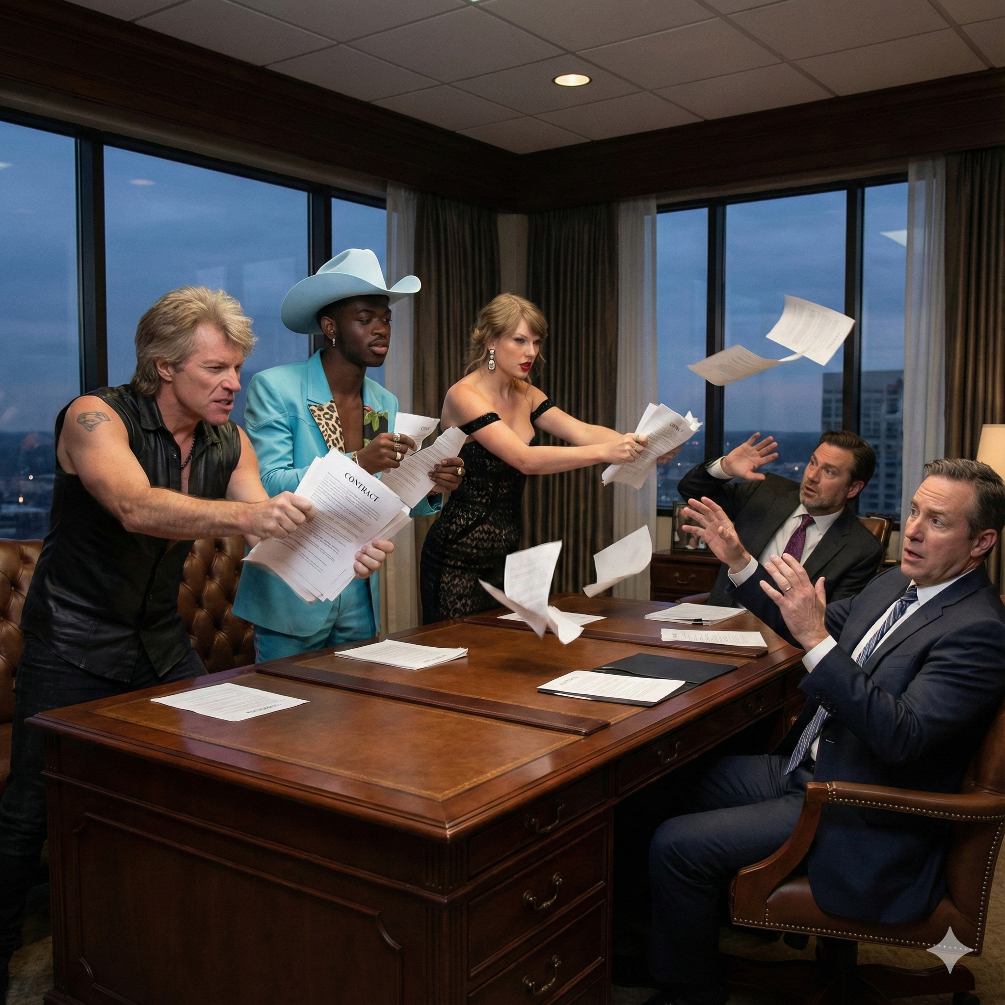 A dramatic, high-energy illustration featuring stylized versions of Taylor Swift, Bon Jovi, and Lil Nas X standing defiantly in an office setting. They are shown tearing up paper contracts and throwing the pieces towards a desk where shadowy record executives sit, symbolizing artists reclaiming their power and ownership in the music industry.