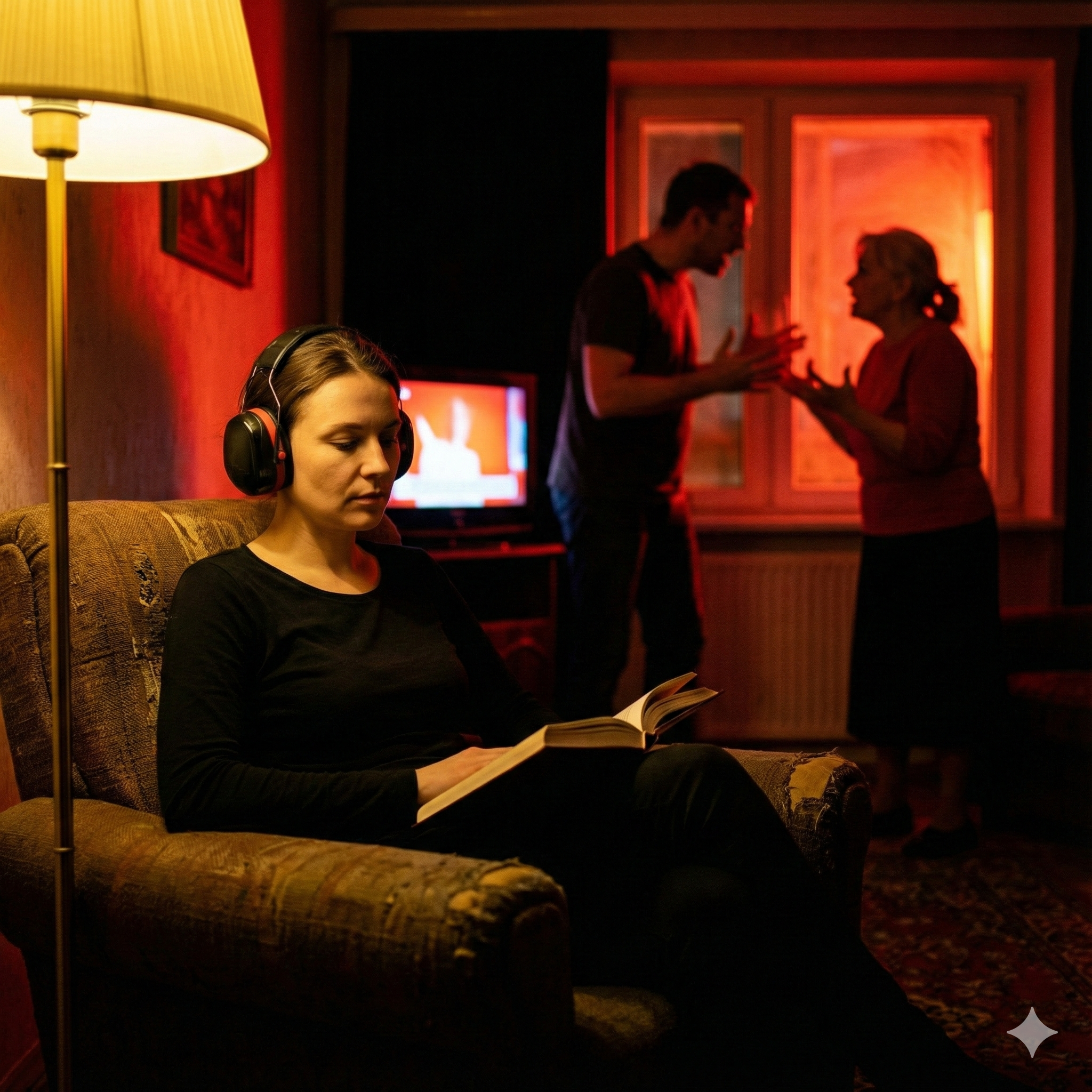 A woman wearing noise-canceling headphones reads calmly under a warm lamp in the foreground, protecting her peace while two family members argue fiercely in the chaotic, red-lit background, symbolizing setting emotional boundaries amid conflict.
