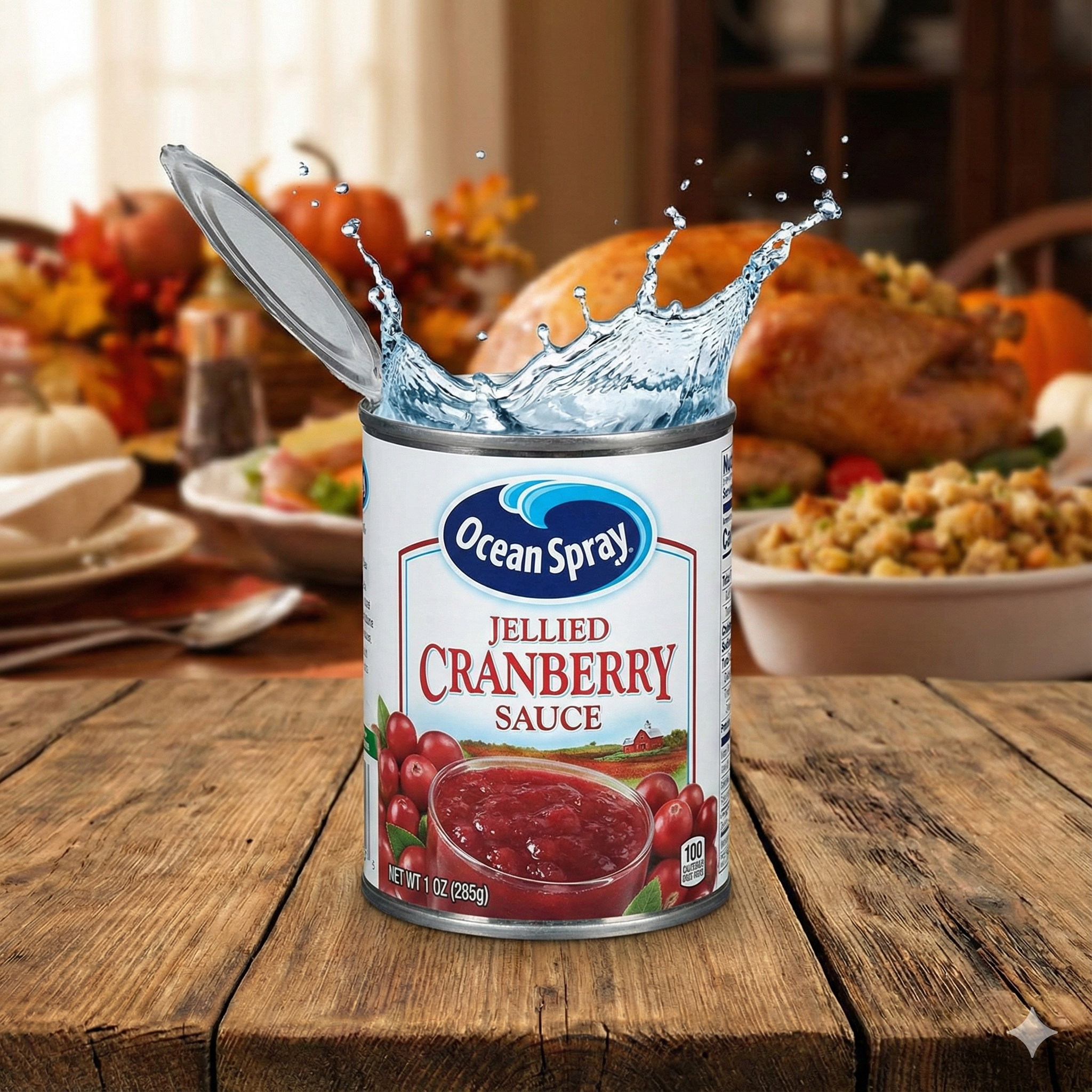 A close-up of an opened can of Ocean Spray cranberry sauce filled with water splashing out, set on a wooden table with a blurred Thanksgiving dinner in the background.