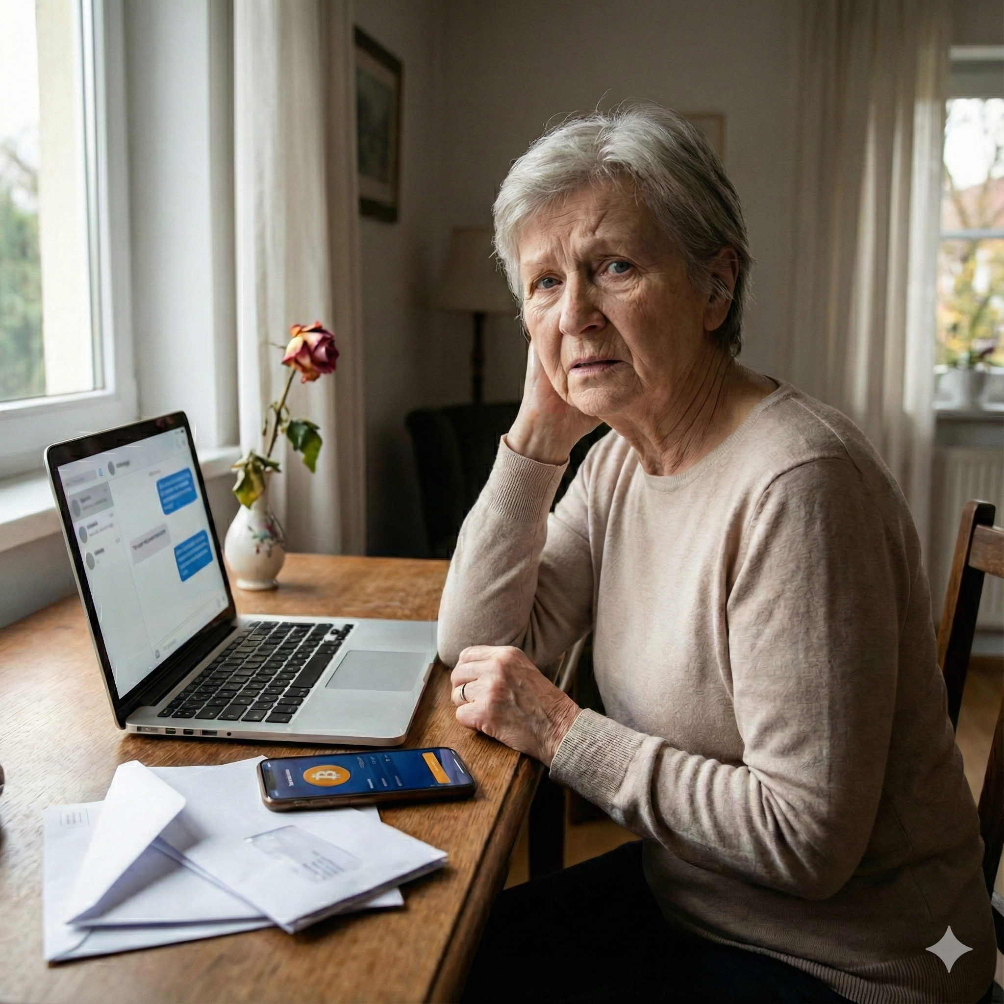 lady looking crazy she has lost her money seating at a desk