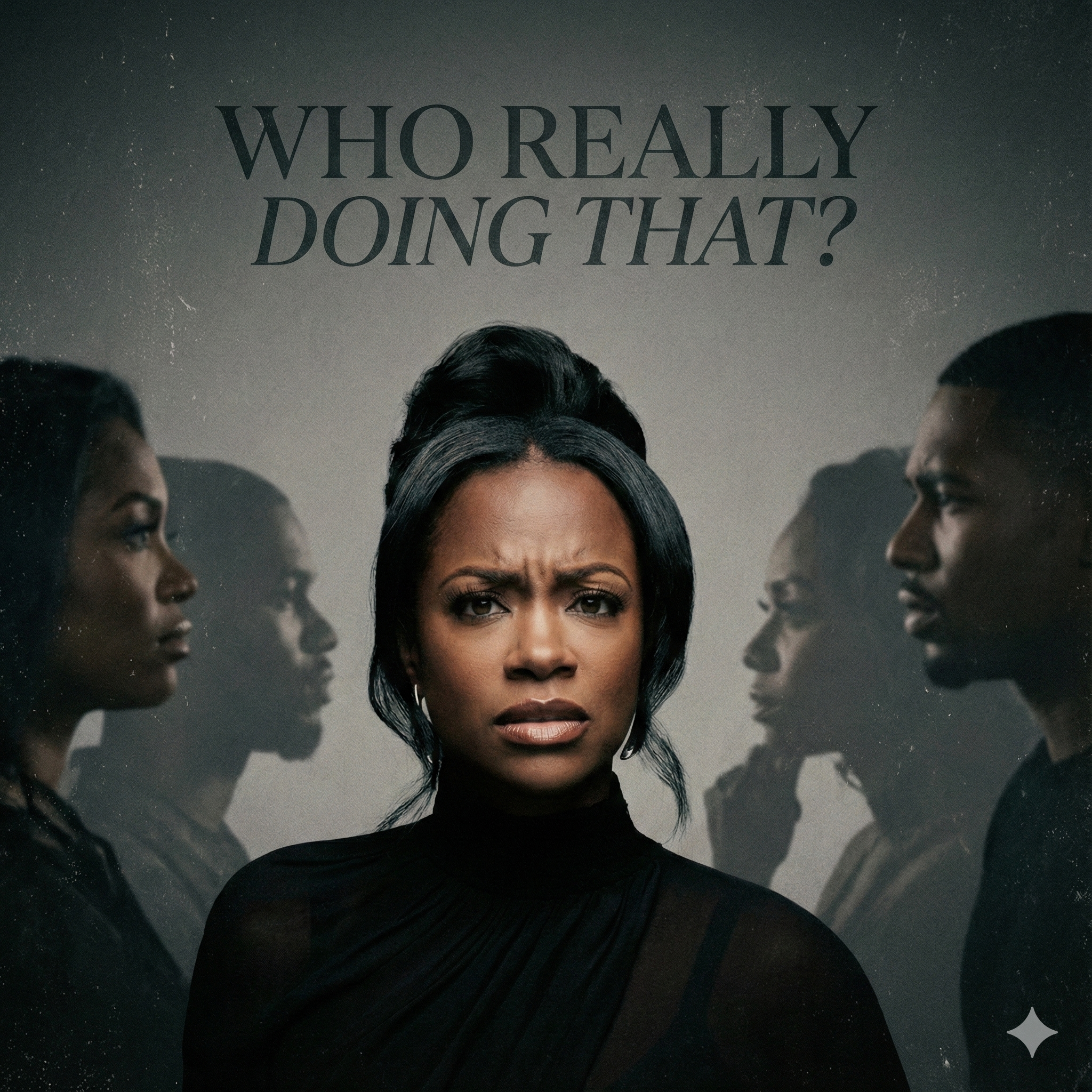 Kandi Burruss looking directly at the camera with a skeptical and serious expression, wearing a black top, questioning who is really going to follow the new 2025 goals.