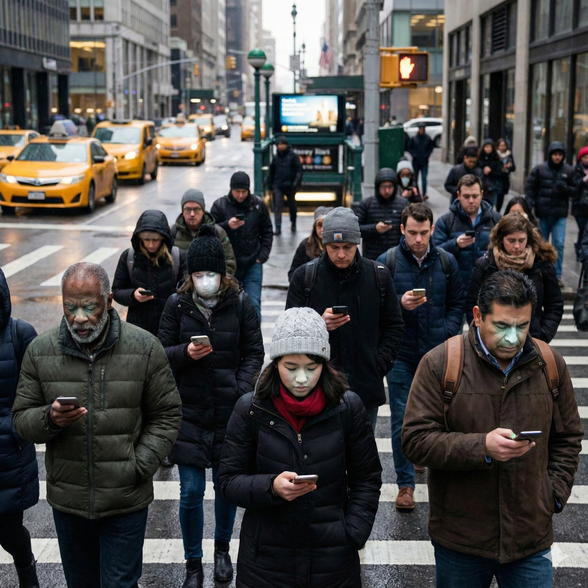 a diverse crowd of people walking across a crosswalk on a busy, overcast New York City street. The scene is dominated by concrete skyscrapers and yellow taxis in the background. Every person in the foreground is looking down intently at their smartphone, their faces illuminated by the bright, glowing screens, suggesting a sense of isolation despite being surrounded by others.