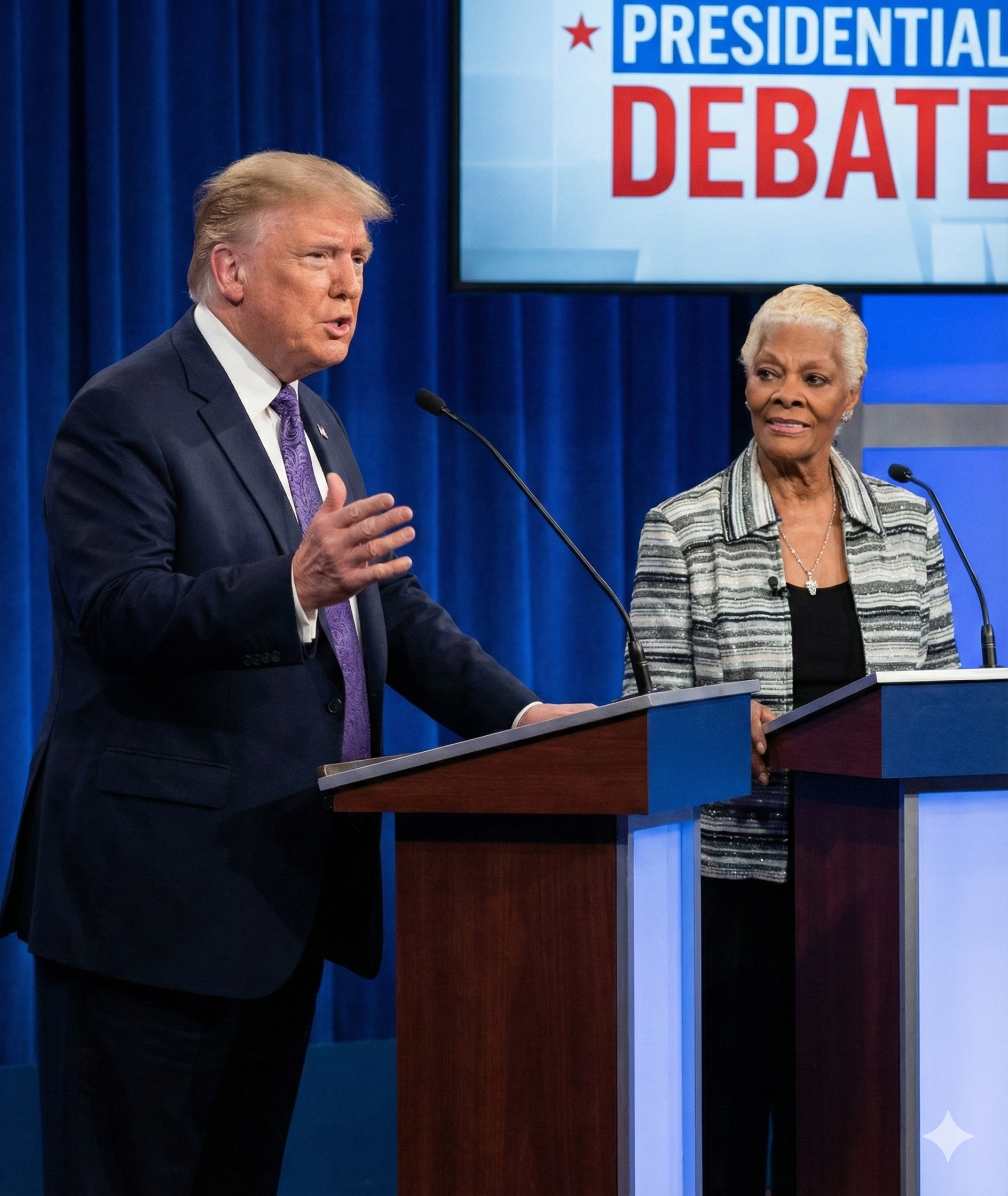 A split-screen graphic representing a debate standoff. The left side features a cold, dark steel podium under harsh blue lighting, symbolizing military force. The right side shows a vintage microphone stand bathed in warm, golden light, symbolizing Dionne Warwick's message of love. A jagged visual line separates the two contrasting sides.